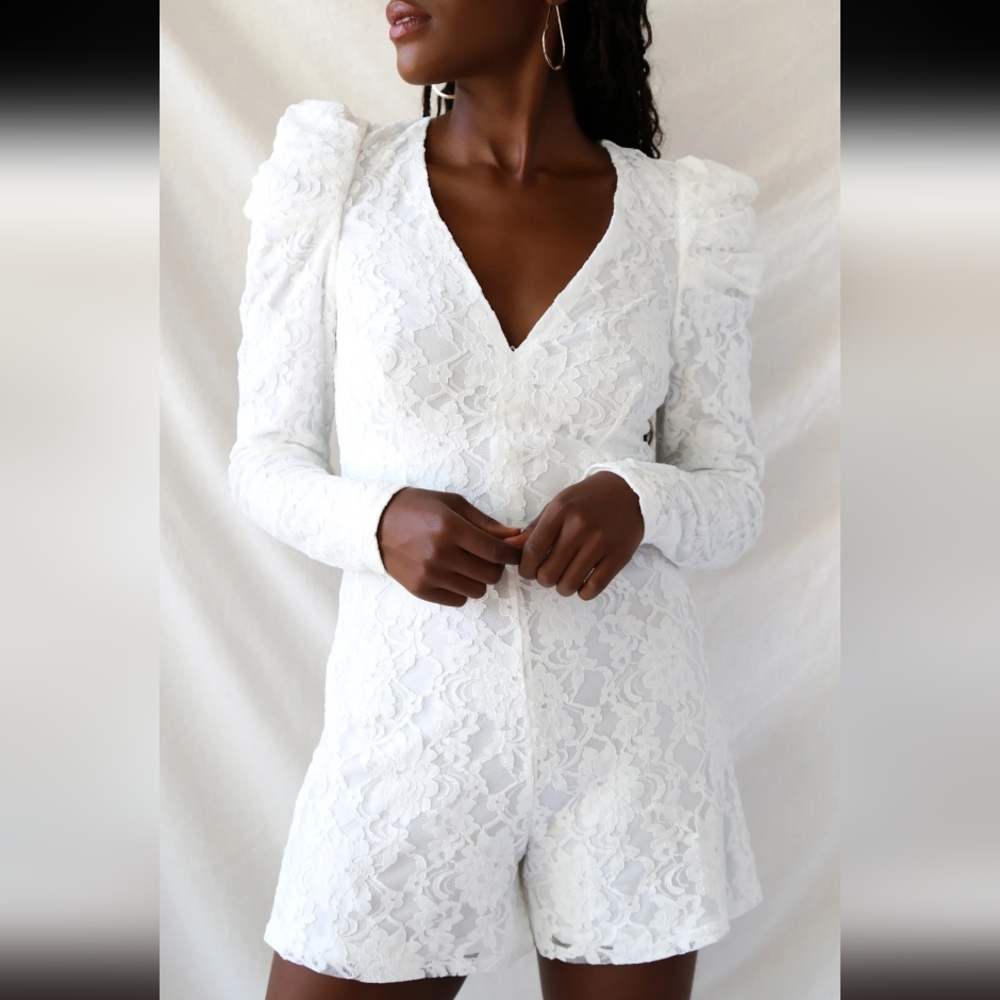 Lulus Fashionable Find White Lace Long Sleeve Romper